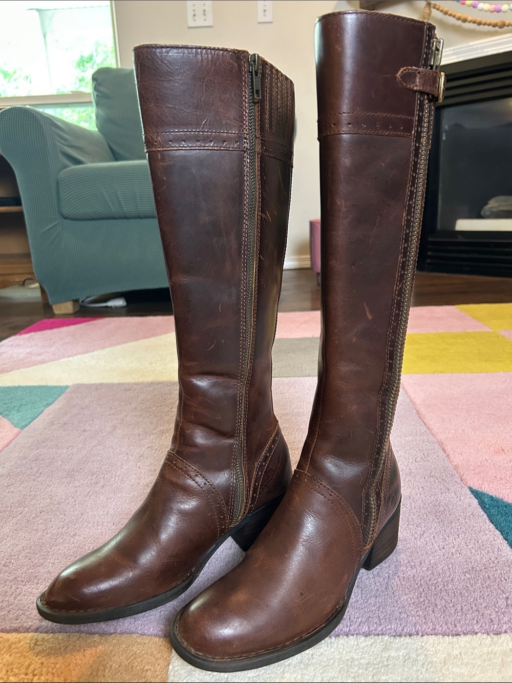 Born Poly Classic Brown Leather Knee-High Women's Riding Boots Double Zip Size 6 - Picture 3 of 17